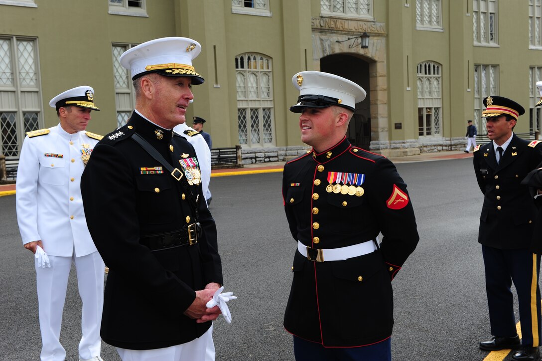Assistant Commandant of the Marine Corps Gen Joseph F. Dunford speaks with LCpl Mauney at the Virginia Military Institute on May 15, 2012.(Official Marine Corps Photo by Cpl Scott R Picklesimer/Released)